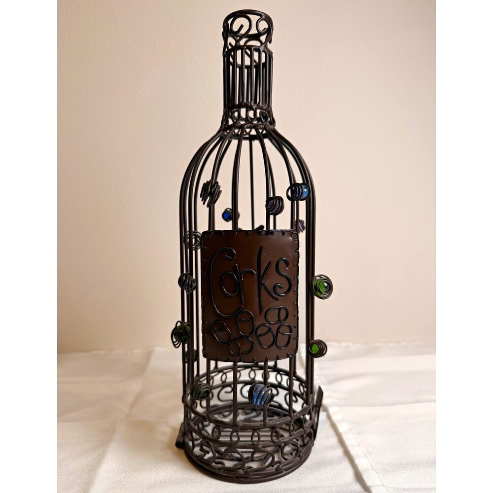 Black Metal Freestanding 1-Bottle Wine Holder Cage Display w/ "Corks" Sign